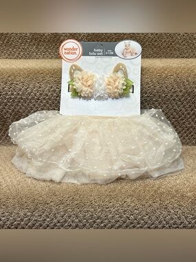 NWT 0-12M Tutu Photo Shoot Bodysuit Baby Girl Tulle Skirt Flower Head Band Ears!